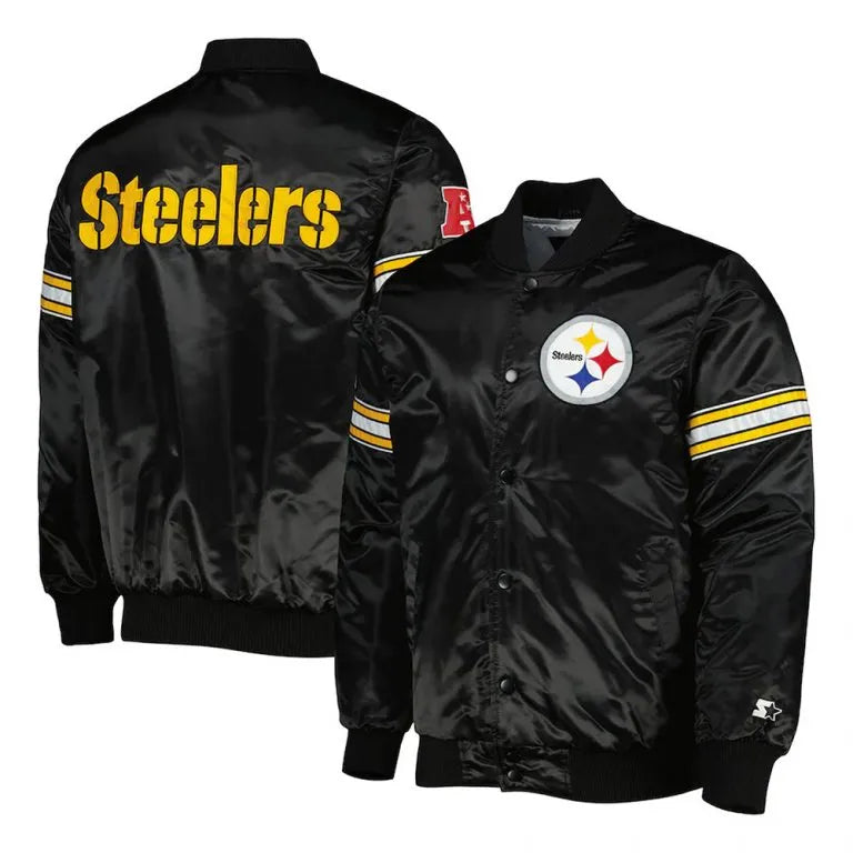 Pittsburgh Steelers Pick and Roll Full-Snap Varsity Black Satin Men's Bomber Jacket