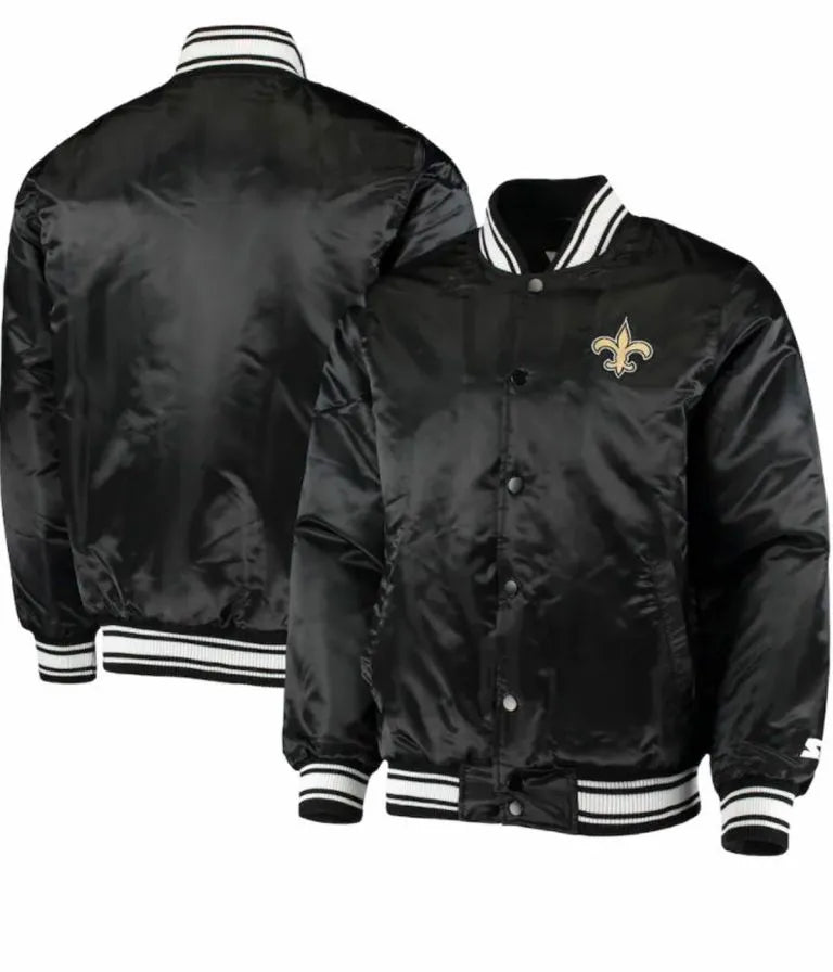 New Orleans Saints Locker Room Full-Snap Varsity Black Satin Men's Bomber Jacket
