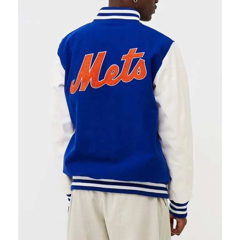 NY Mets Wordmark Varsity Royal Blue Wool & White Leather Sleeves Men's Jacket
