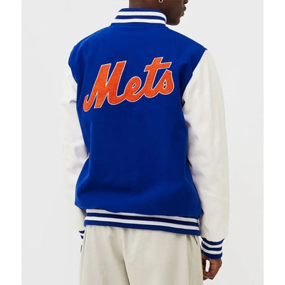 NY Mets Wordmark Varsity Royal Blue Wool & White Leather Sleeves Men's Jacket