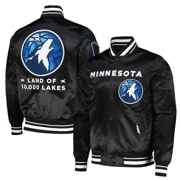 Minnesota Timberwolves 2024 City Edition Full-Snap Varsity Black Satin Men's Bomber Jacket