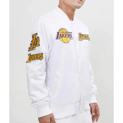 Los Angeles Lakers Full-Snap Varsity White Satin Men's Bomber Jacket
