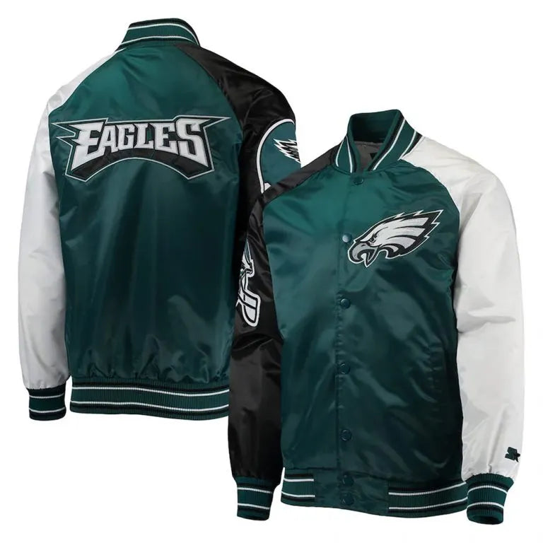 Philadelphia Eagles The Reliever Full-Snap Varsity Green Black & White Satin Men's Bomber Jacket