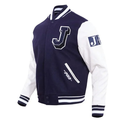 Jackson State University Navy Blue Wool & Gold Genuine Leather Sleeves Men's Letterman Jacket