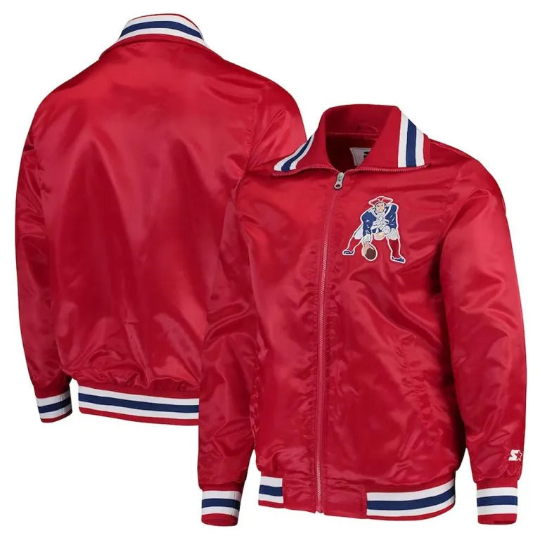 New England Patriots Captain Full-Zip Varsity Red Satin Men's Bomber Jacket