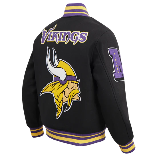 Minnesota Vikings Mashup Classic Rib Black Wool and Genuine Leather Sleeves Men's Varsity Letterman Jacket