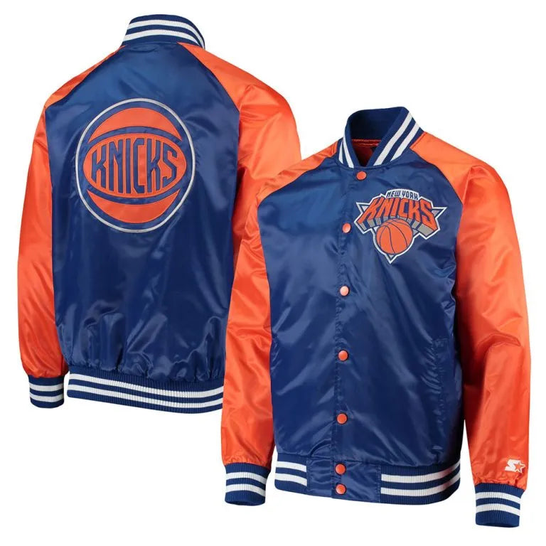 New York Knicks Point Guard Full-Snap Varsity Blue/Orange Satin Men's Bomber Jacket