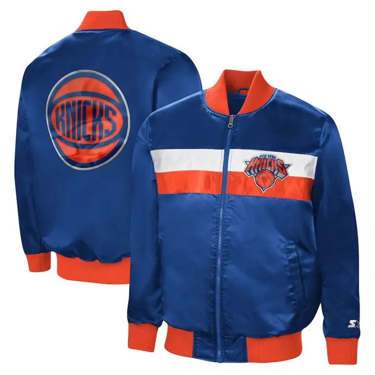 New York Knick The Ambassador Classic Full-Zip Varsity Blue Satin Men's Bomber Jacket