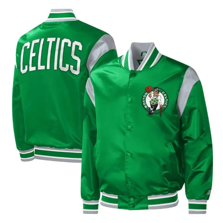 Boston Celtics Force Play Full-Snap Varsity Kelly Green Satin Men's Bomber Jacket