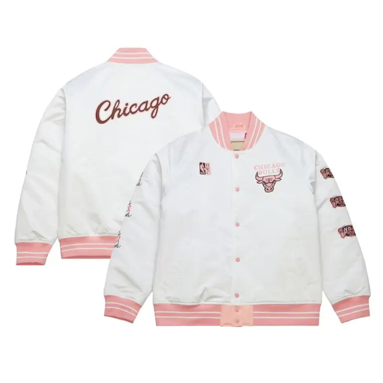 Chicago Bulls Classic Neopolitan White Satin Varsity Men's Bomber Jacket