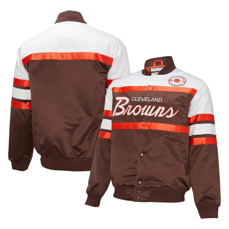 Cleveland Browns 75th Anniversary Full-Snap Varsity Brown and White Satin Men's Bomber Jacket