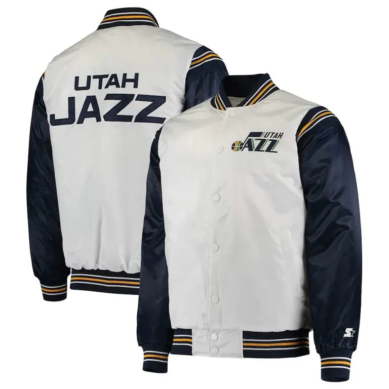 Utah Jazz Renegade Full-Snap Varsity White & Navy Blue Satin Men's Bomber Jacket