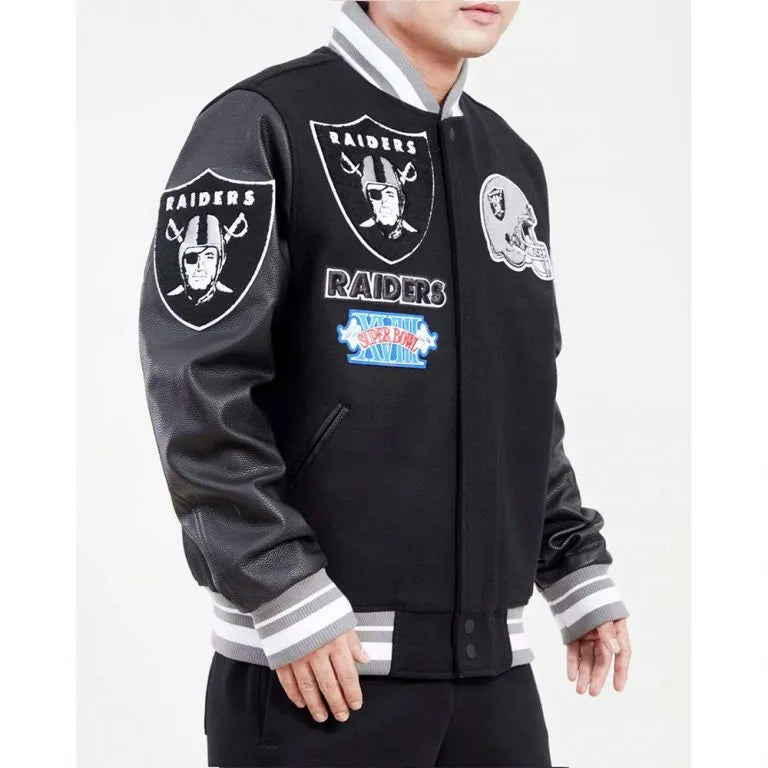 Los Vegas Raiders Black Wool and Genuine Leather Sleeves Men's Varsity Letterman Jacket