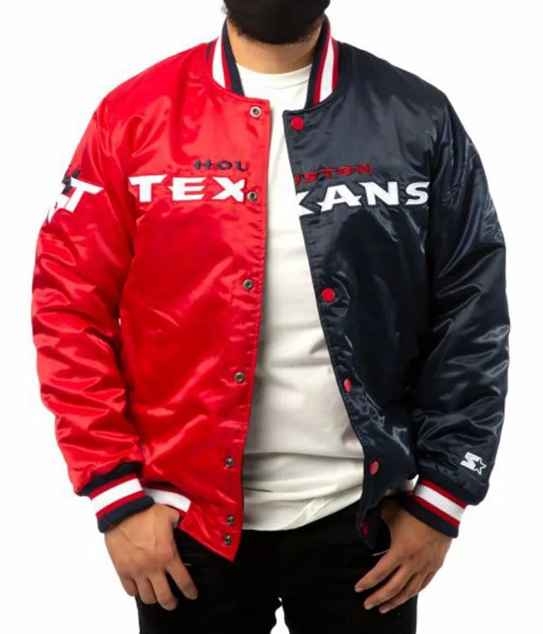 Houston Texan Full-Snap Varsity Red and Navy Blue Satin Men's Bomber Jacket