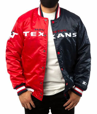 Houston Texan Full-Snap Varsity Red and Navy Blue Satin Men's Bomber Jacket