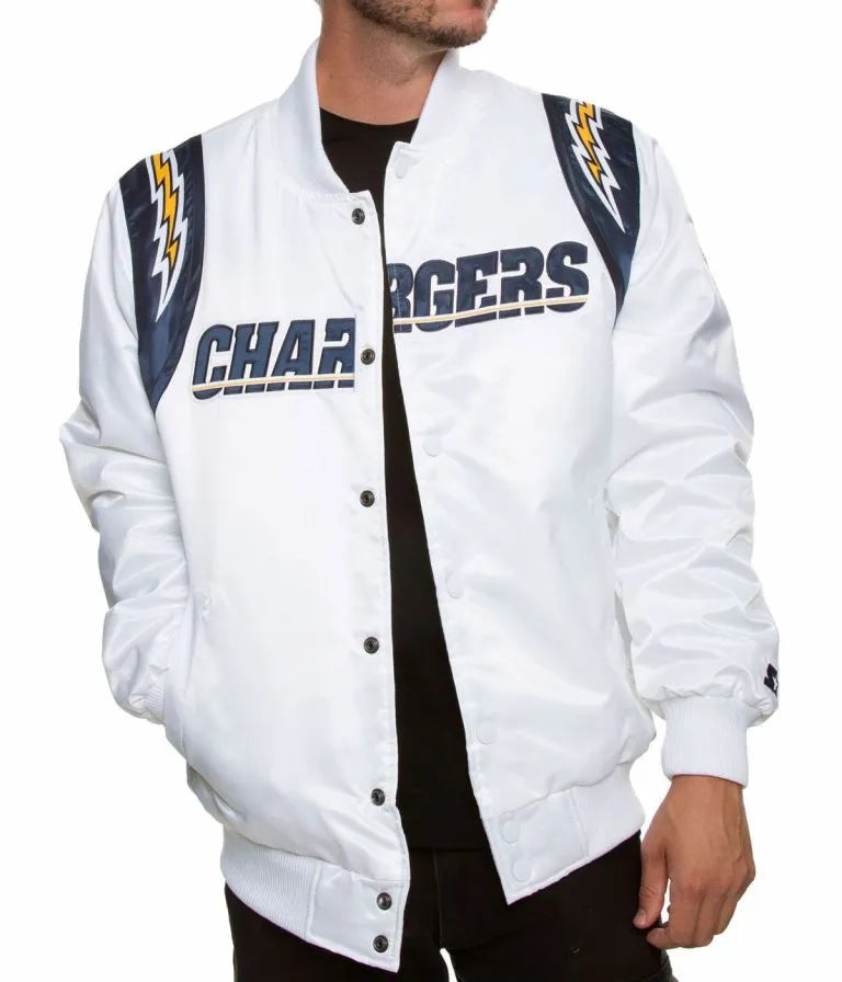 Los Angeles Chargers Full-Snap Varsity White Satin Men's Bomber Jacket