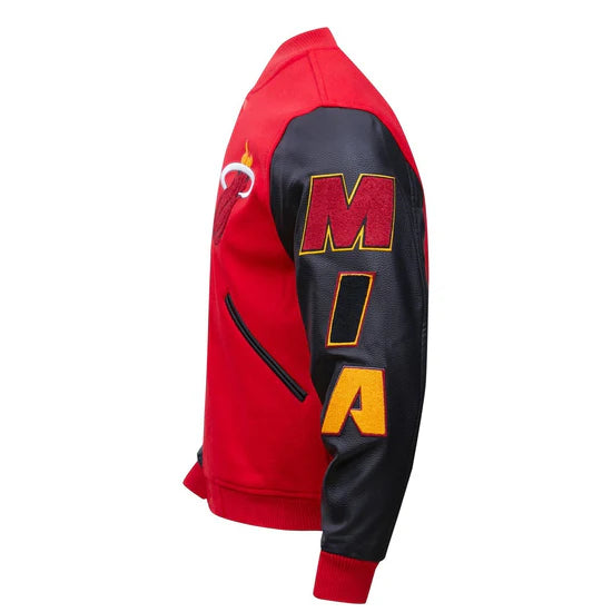 Miami Heat Mashup Logo Varsity Red Wool & Black Genuine Leather Sleeves Men's Jacket