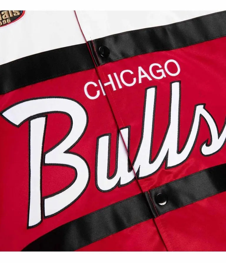 Chicago Bulls Special Script Full-Snap Varsity Red and White Satin Men's Bomber Jacket