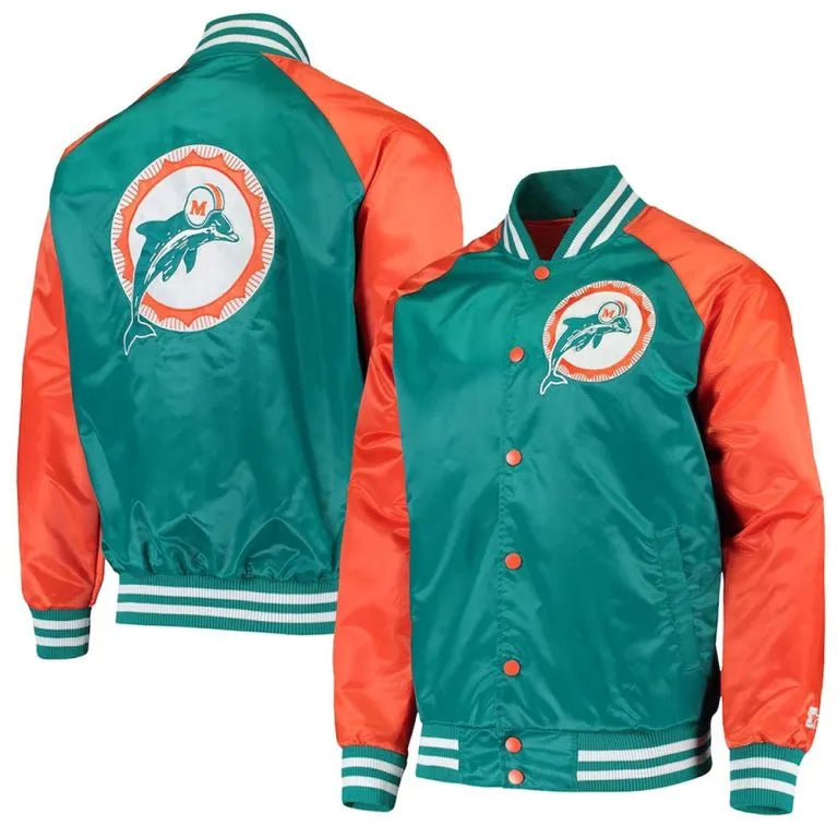 Miami Dolphins Lead Off Full-Snap Varsity Aqua/Orange Satin Men's Bomber Jacket