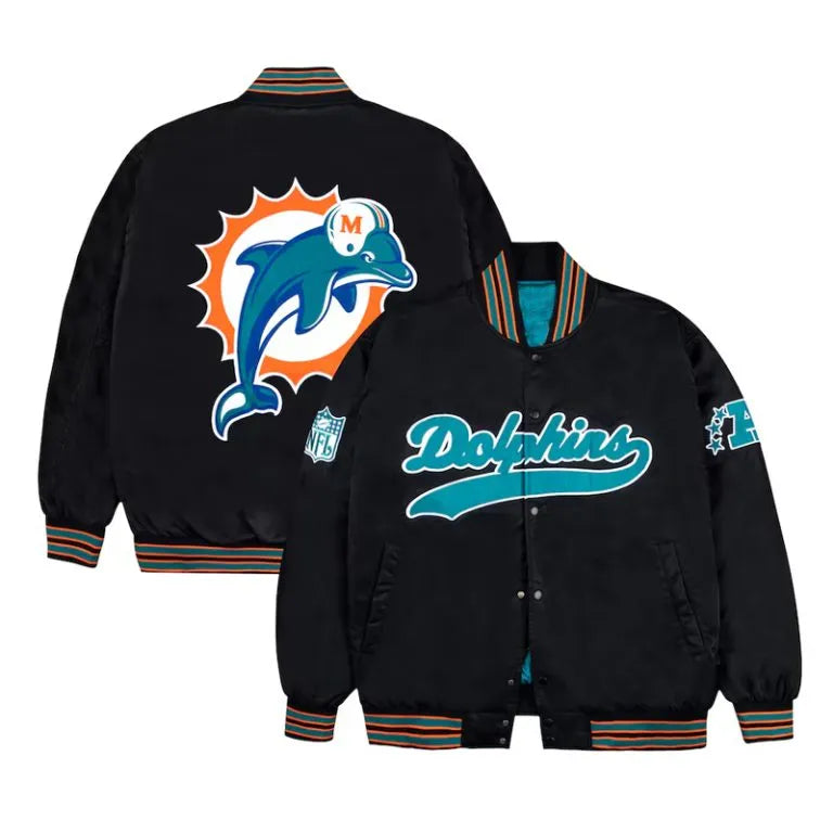 Miami Dolphins Full-Snap Varsity Black Satin Men's Bomber Jacket