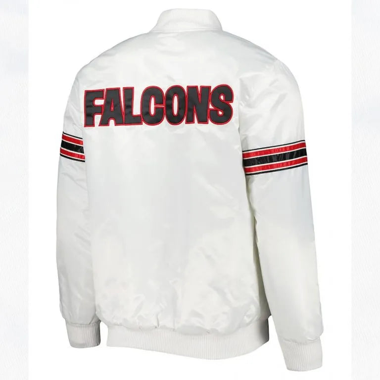 Atlanta Falcons The Power Forward Full-Snap Varsity White Satin Men's Bomber Jacket