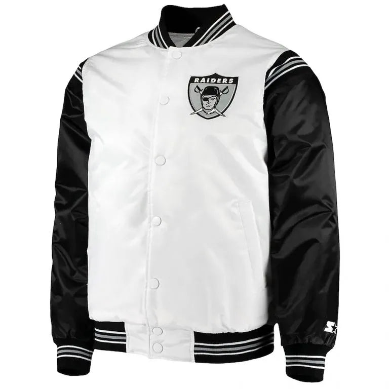 Los Angeles Raiders Historic Renegade Full-Snap Varsity Black & White Satin Men's Bomber Jacket