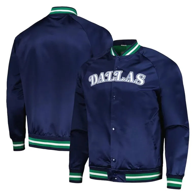 Dallas Mavericks Hardwood Classics Full-Snap Varsity Navy Blue Satin Men's Bomber Jacket