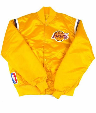 80s Los Angeles Lakers Vintage Full-Snap Varsity Yellow Satin Men's Bomber Jacket