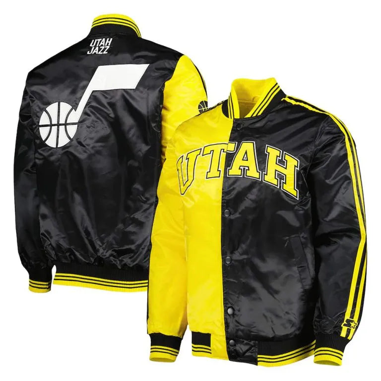 Utah Jazz Fast Break Full-Snap Varsity Yellow/Black Satin Men's Bomber Jacket