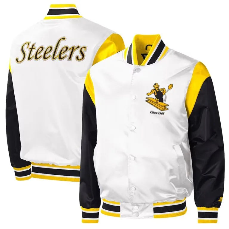 Pittsburgh Steelers Throwback Warm Up Pitch Black/White Varsity Satin Men's Bomber Jacket