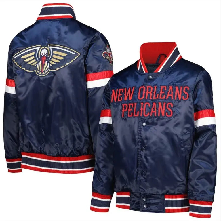 New Orleans Pelicans Home Game Full-Snap Varsity Navy Blue Satin Men's Bomber Jacket