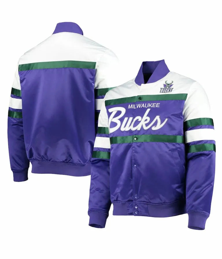 Milwaukee Bucks Hardwood Classics Script Full-Snap Varsity White and Purple Satin Men's Bomber Jacket