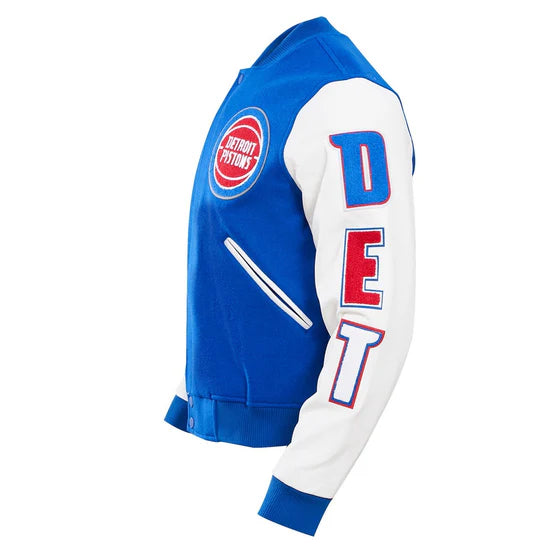 Detroit Pistons Mashup Varsity Royal Blue Wool and White Genuine Leather Sleeves Men's Bomber Jacket