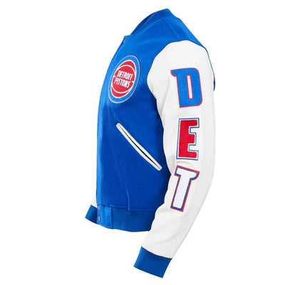 Detroit Pistons Mashup Varsity Royal Blue Wool and White Genuine Leather Sleeves Men's Bomber Jacket