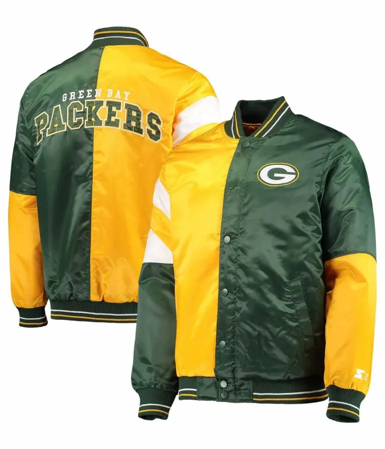 Green Bay Packers Leader Full-Snap Varsity Yellow and Green Satin Men's Bomber Jacket