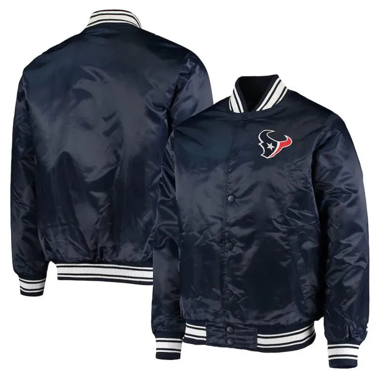 Houston Texan Locker Room Full-Snap Varsity Navy Blue Satin Men's Bomber Jacket