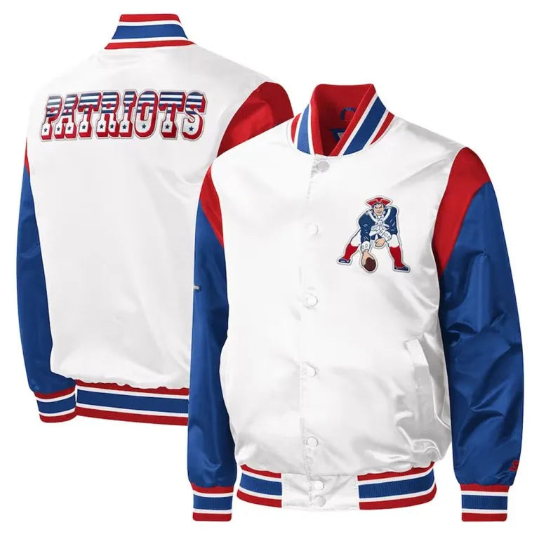 New England Patriots Throwback Warm Up Pitch Full-Snap Varsity White & Blue Satin Men's Bomber Jacket