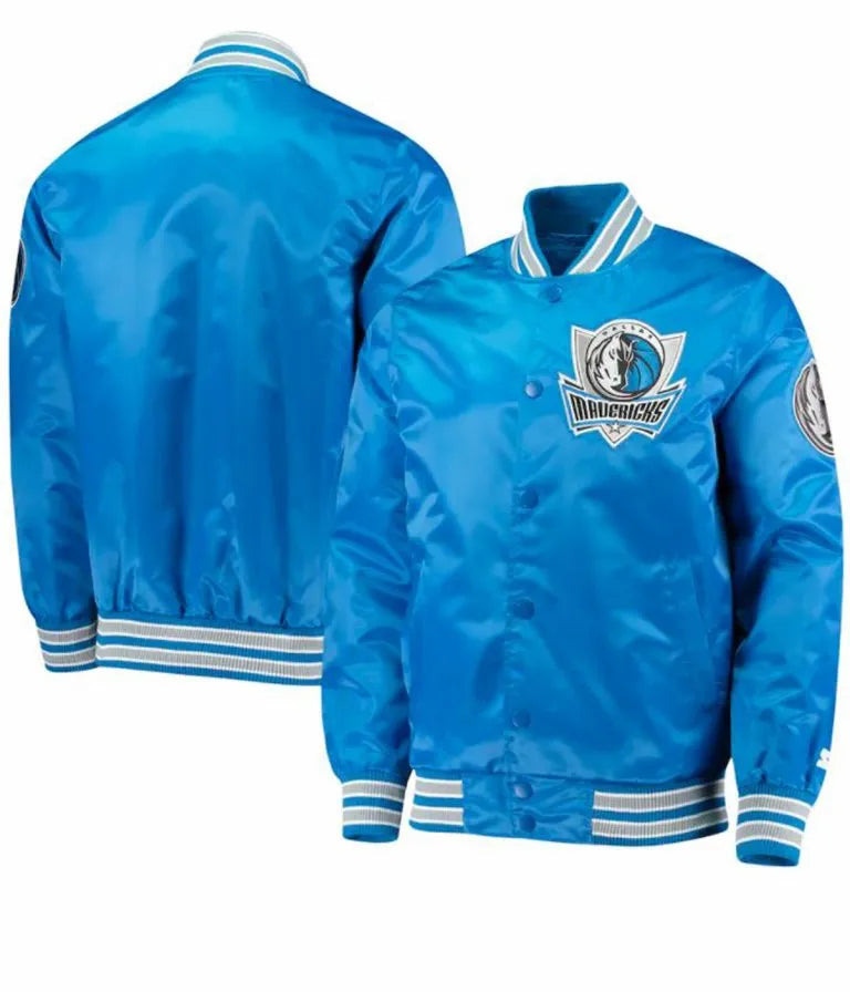 Dallas Mavericks Full-Snap Varsity Blue Satin Men's Bomber Jacket