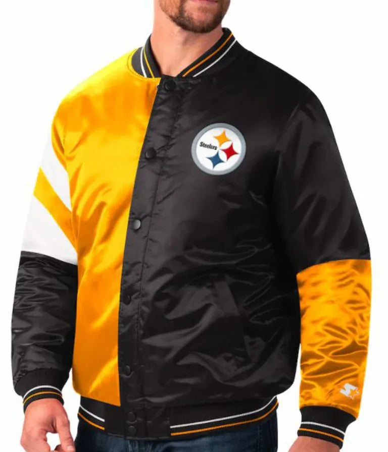 Pittsburgh Steelers Full-Snap Varsity Black and Yellow Satin Men's Bomber Jacket