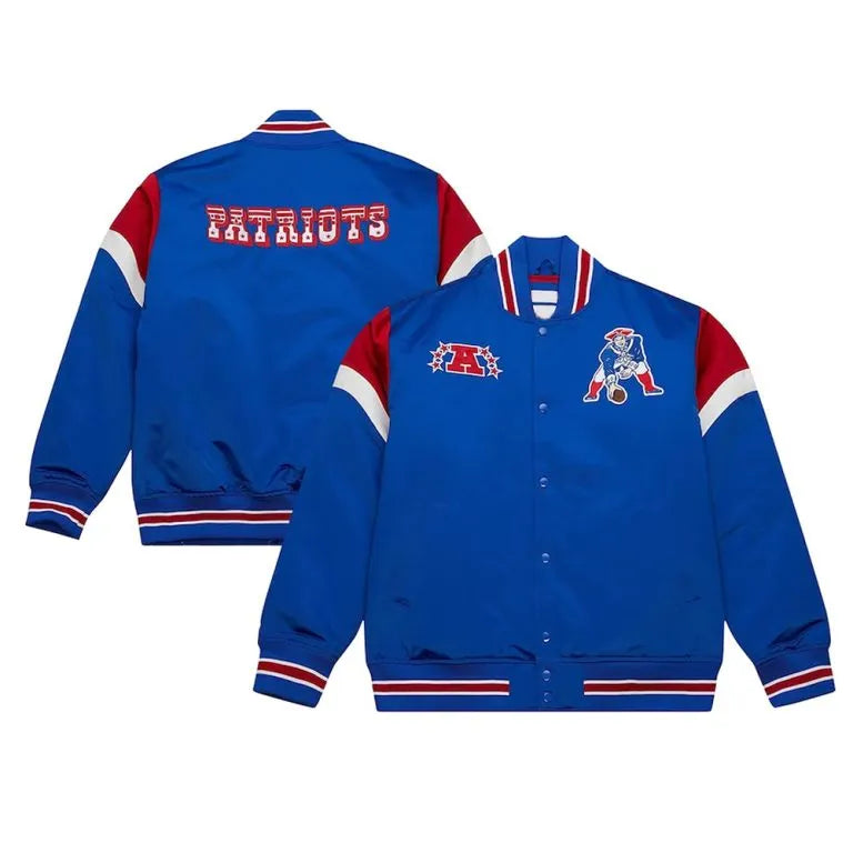 New England Patriots Midweight Full-Snap Varsity Royal Blue Satin Men's Bomber Jacket