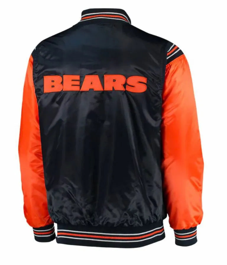 Chicago Bears Full-Snap Varsity Navy Blue and Orange Satin Men's Bomber Jacket
