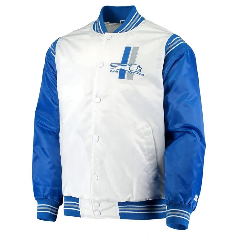 Detroit Lions Historic Logo Renegade Full-Snap Varsity Blue and White Satin Men's Bomber Jacket