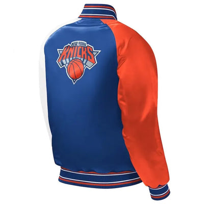 New York Knick Youth Full-Snap Varsity Tri-Color Satin Men's Bomber Jacket