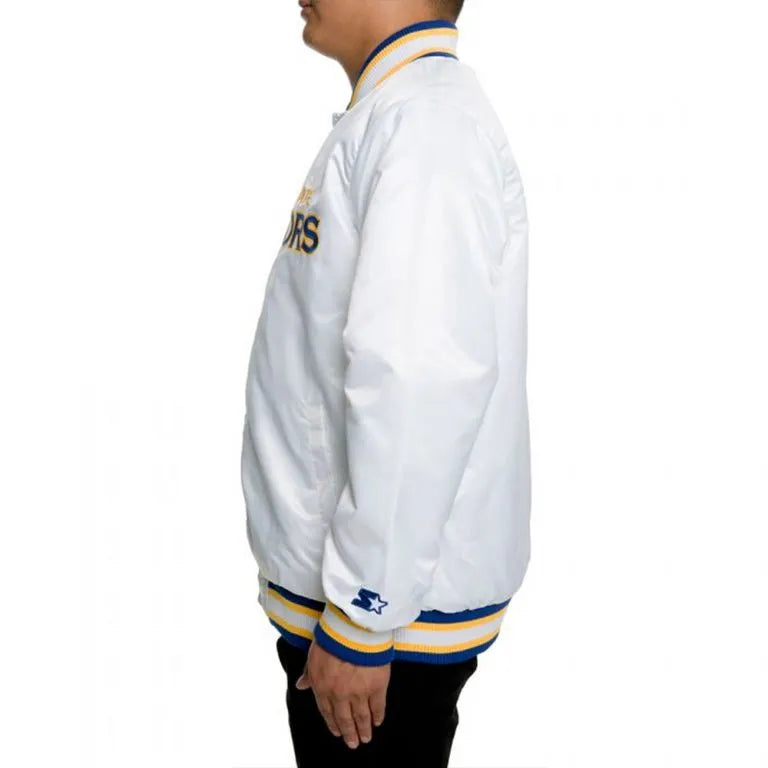 Golden State Warriors Full-Snap Varsity White Satin Men's Bomber Jacket