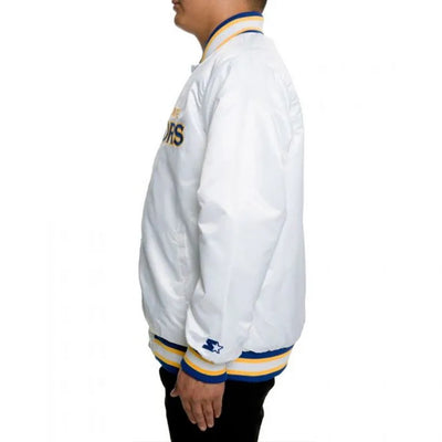 Golden State Warriors Full-Snap Varsity White Satin Men's Bomber Jacket