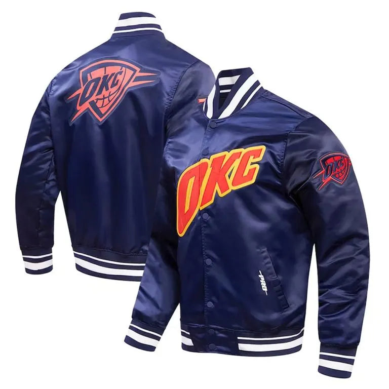 Oklahoma City Thunder City Edition Full-Snap Varsity Navy Blue Satin Men's Bomber Jacket