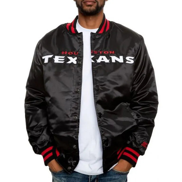 Houston Texan Full-Snap Varsity Black Satin Men's Bomber Jacket