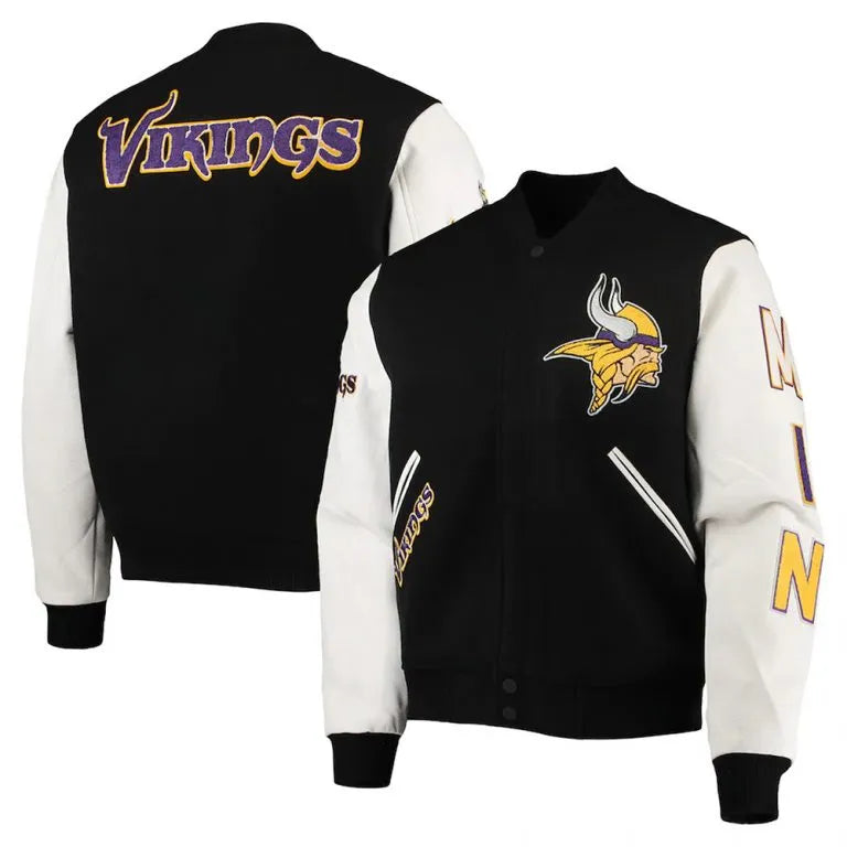 Minnesota Vikings Black Wool and White Genuine Leather Sleeves Men's Varsity Letterman Jacket