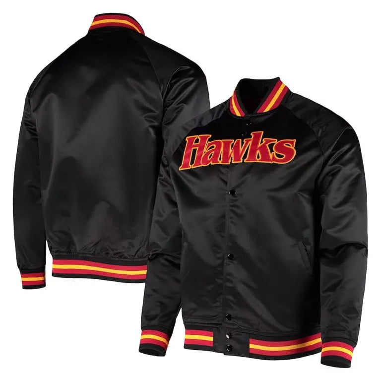 Atlanta Hawks Hardwood Classics Full-Snap Varsity Black Satin Men's Bomber Jacket