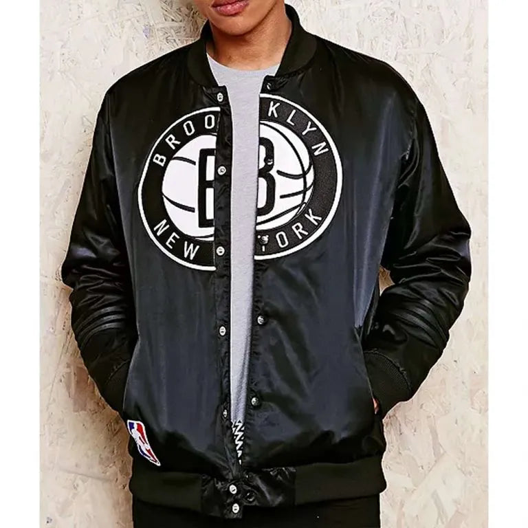 Brooklyn Nets Full-Snap Varsity Black Satin Men's Bomber Jacket